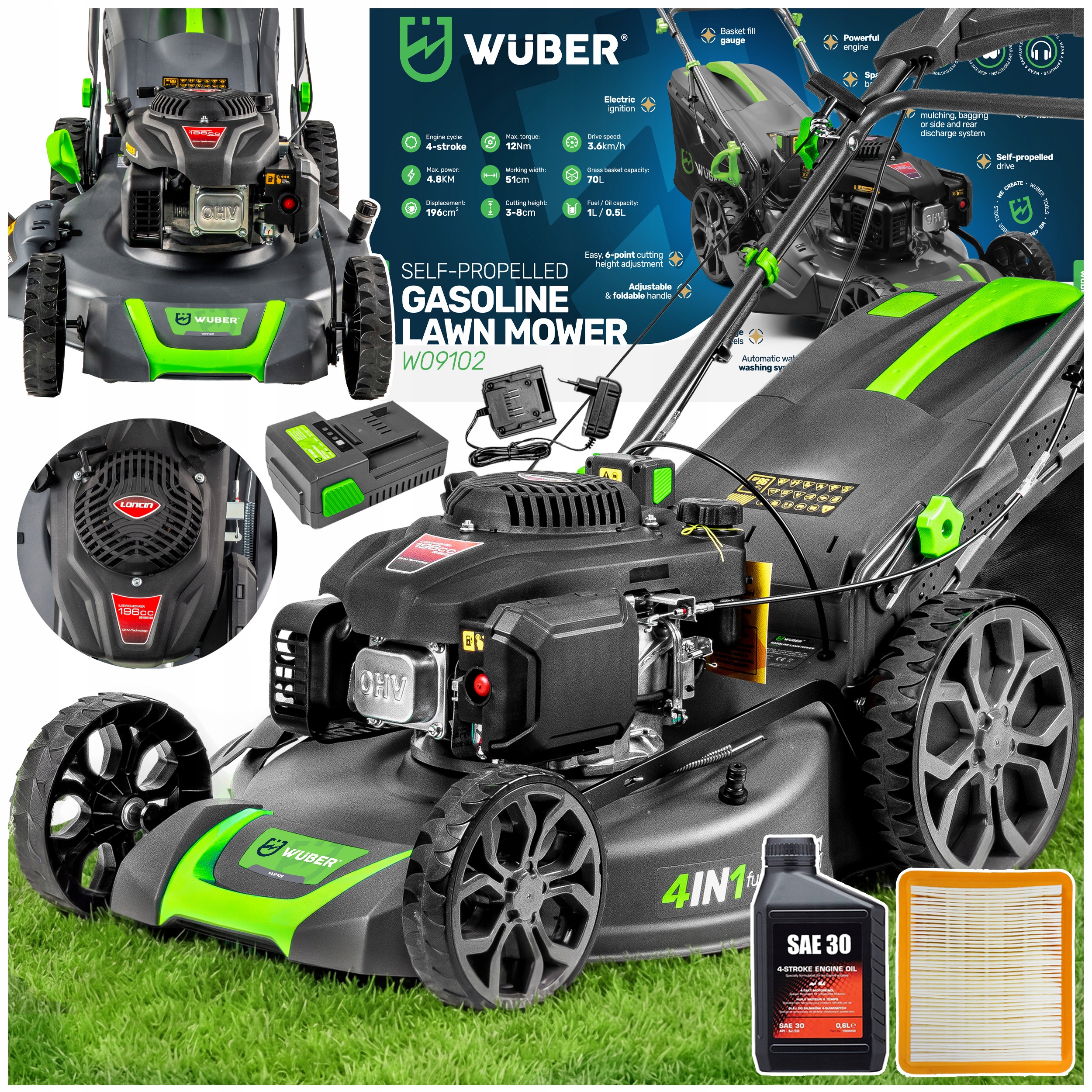 BENZÍNOVÁ KOSAČKA NA TRÁVU 4,8 HP POHON ŠTARTÉR VÝKONNÝ MOTOR LONCIN 51 cm 70 l + OLEJ